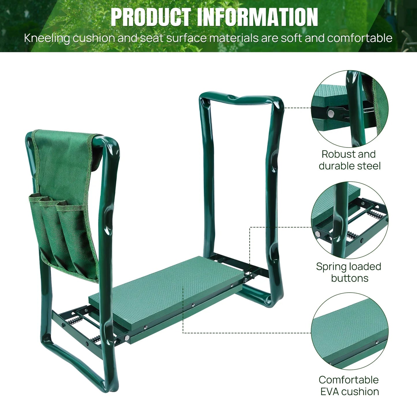 Comfort Garden Kneeler Seat™ – Foldable Garden Bench with Soft Foam Pad & Tool Pouch for Easy Kneeling & Sitting