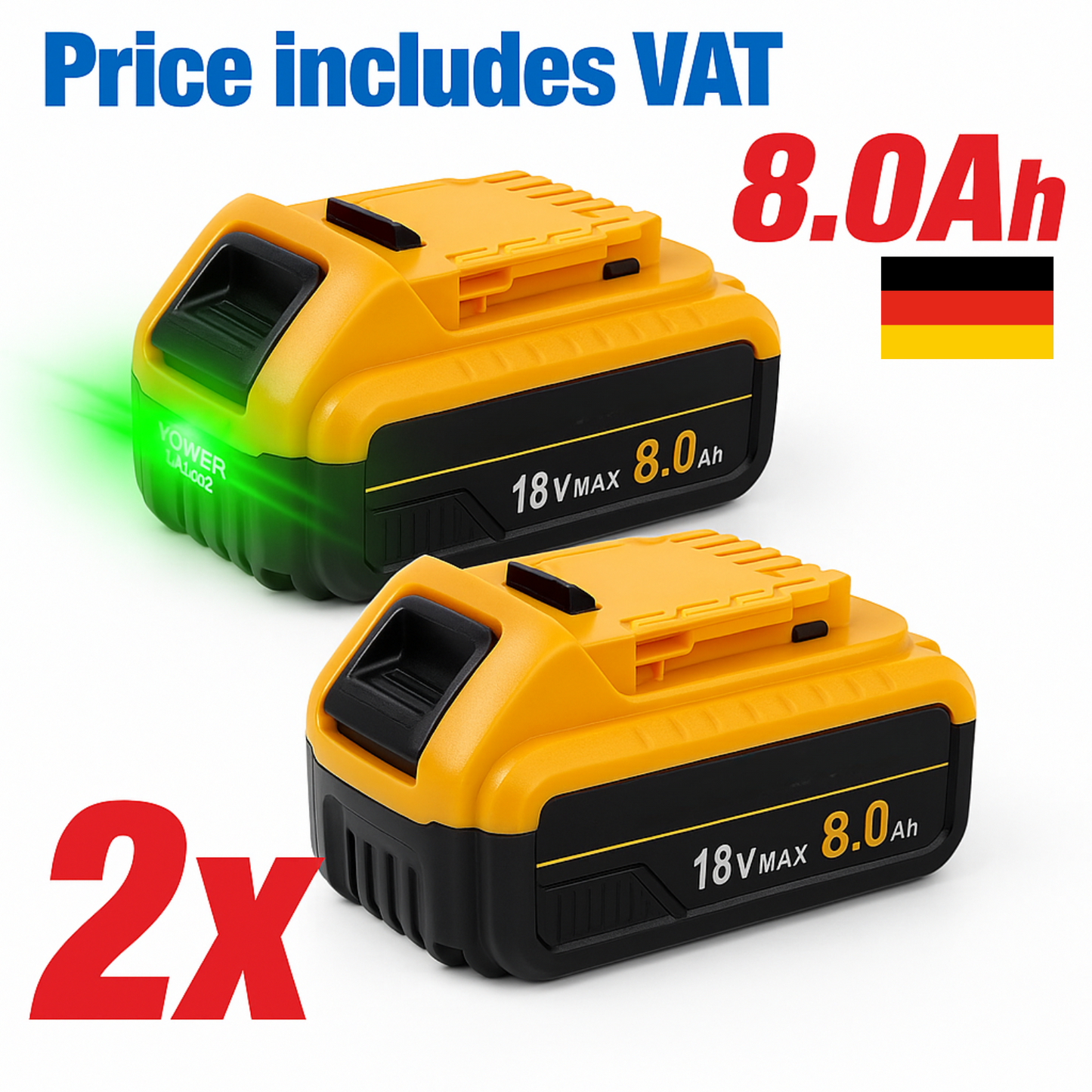 x2 PowerMax 8000mAh Battery™ – High-Capacity 20V MAX Replacement for Dewalt Tools (2-Pack)