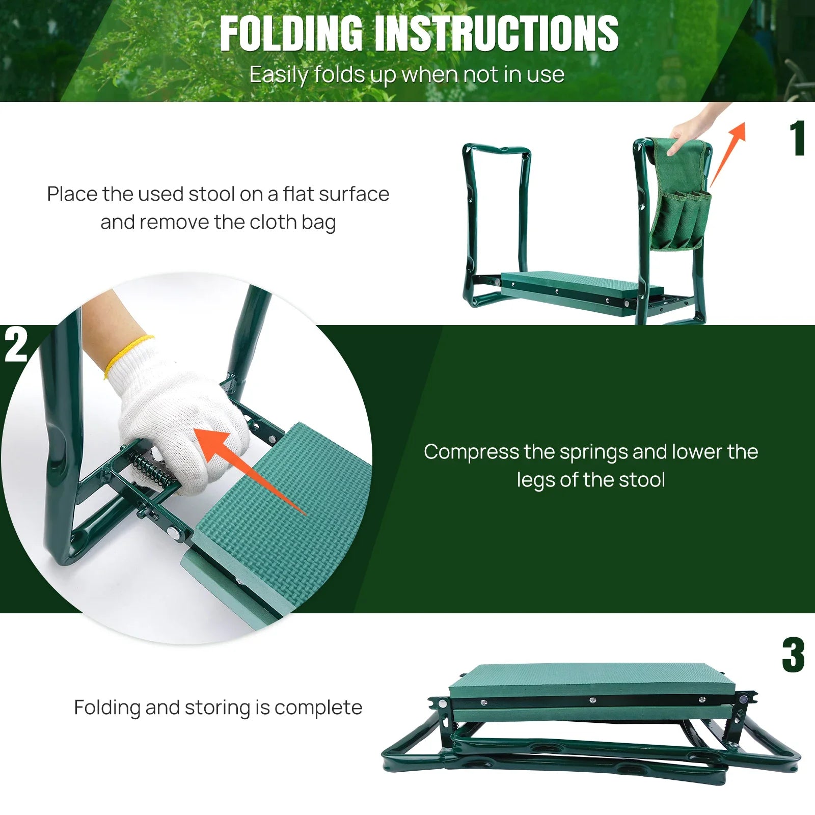 Comfort Garden Kneeler Seat™ – Foldable Garden Bench with Soft Foam Pad & Tool Pouch for Easy Kneeling & Sitting