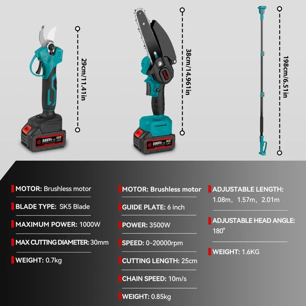 Premium Telescoping Electric Chainsaw & Shears – 2-in-1 Cordless Tree Trimmer with Adjustable Pole for High Branch Cutting