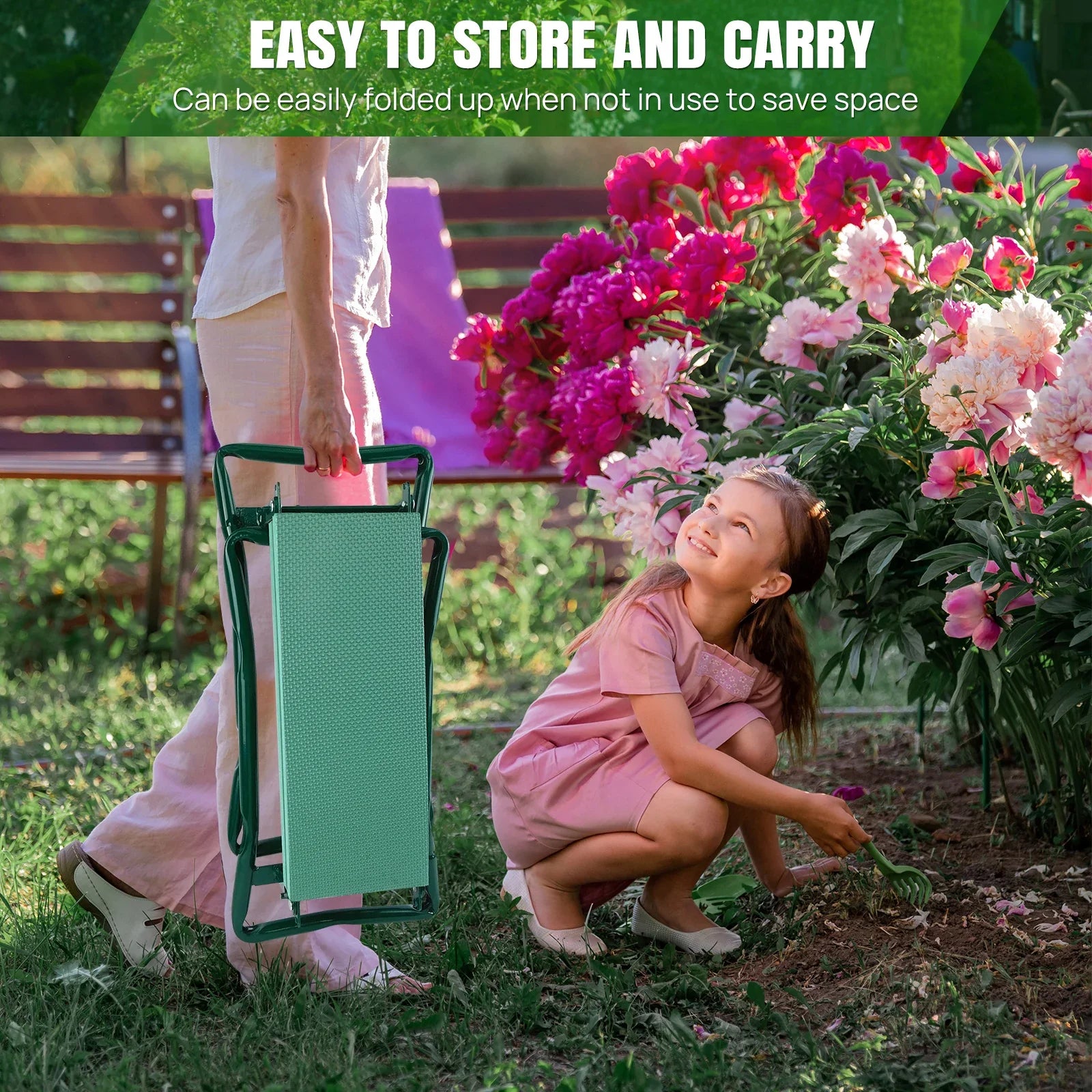Comfort Garden Kneeler Seat™ – Foldable Garden Bench with Soft Foam Pad & Tool Pouch for Easy Kneeling & Sitting